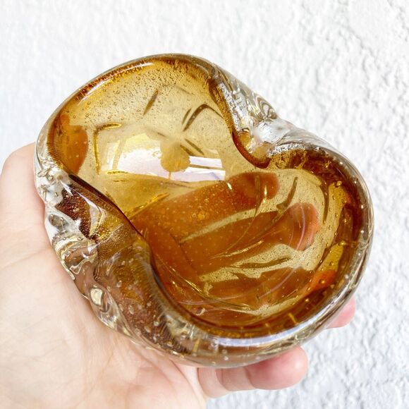 VTG Murano Amber Bowl Hand Mouth Blown Glass Laid in Bubbles Ashtray Dish Heavy - Picture 7 of 11